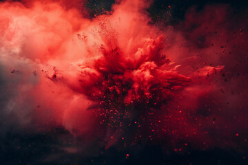 Dramatic Red Explosion with Smoke Clouds and Dust Particles, Abstract Art Scene with Fiery Burst and Intense Color