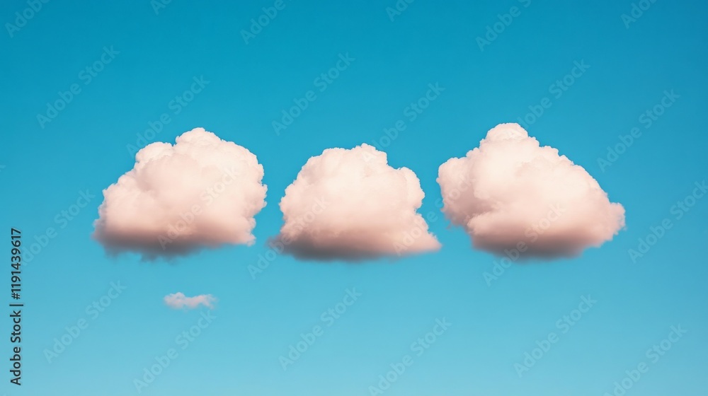 Poster three fluffy clouds: three soft, puffy cumulus clouds float serenely against a vibrant blue sky, cre