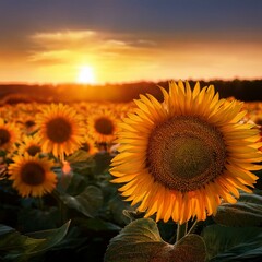 Obraz premium Generated image Vibrant sunflower field glowing in the sunset light during summer