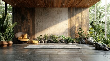 Serene Tropical Indoor Oasis: Modern Minimalist Design with Lush Greenery and  Relaxing Ambiance