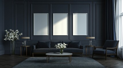 Dark Living Room Mockup Elegant Sofa, Sunlit Frames
