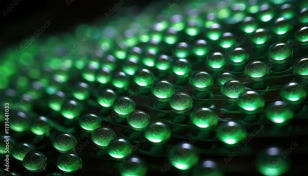 Poster close-up of vibrant green droplets on a textured reflective surface with bokeh effect, perfect for a