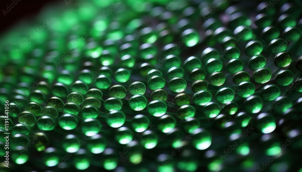 Aufkleber close-up of vibrant green droplets on a textured reflective surface with bokeh effect, perfect for a