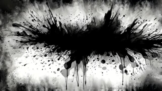Abstract black and white ink splatter design with dynamic brush strokes and drips.