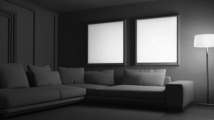 Dark room, sofa, blank frames, mockup, interior design