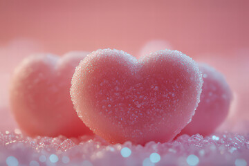 Fototapeta premium Close-up of Colorful Heart-Shaped Candies on Pink Background, Valentine's Day Card