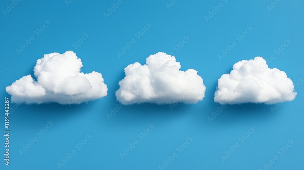 Poster three fluffy clouds: three plump white clouds, arranged in a row against a vibrant blue sky, create 