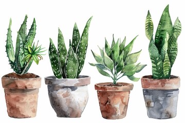 Obraz premium Set of Watercolor house plants in pots clipart illustration, botanical isolated on white background