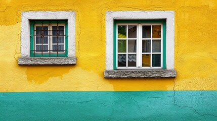 Fototapeta premium Exterior facade of a residential building with brightly coloured wall and two windows. Illustration for cover, postcard, interior design, brochure, presentation.