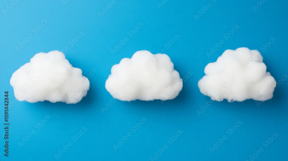 Poster cloud minimalism: three fluffy white clouds arranged in a row against a vibrant blue background, cre