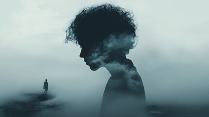 The large head of a woman is surrounded by thick fog and looks at the small figure of a man. Concept of memories of people who have passed away. Illustration for cover, card, interior design, decor.