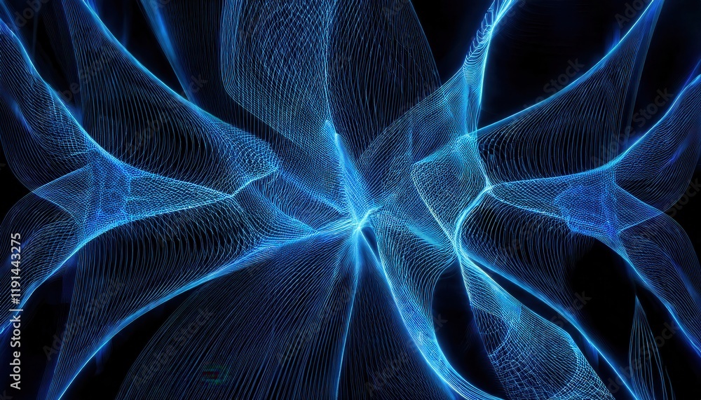 Poster abstract glowing blue wave mesh pattern with dynamic light trails on black background for futuristic technology and digital banner design wallpaper

