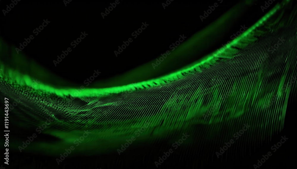 Poster glowing green digital waves in motion, illuminated particle grid forming abstract futuristic terrain, technology visualization concept