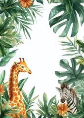 Watercolor giraffe and zebra nature on white background, invitation card