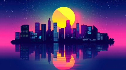 Fototapeta premium City Skyline Reflected In Water Under A Large Moon