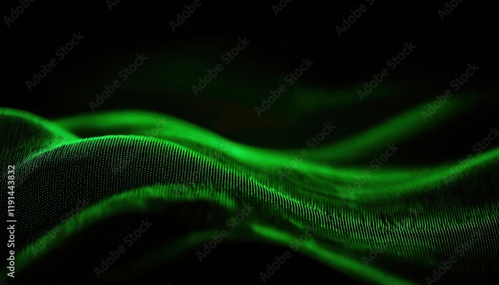 Poster glowing green digital waves in motion, illuminated particle grid forming abstract futuristic terrain, technology visualization concept