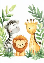 Naklejka premium Playful watercolor jungle animals, nursery art , watercolor