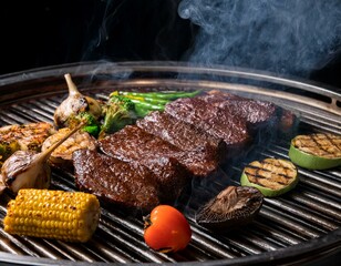 Generated image Asado grill with perfectly charred meats and vegetables, smoke rising