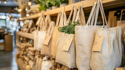 Eco-friendly tote bags displayed on wooden shelves in a store.