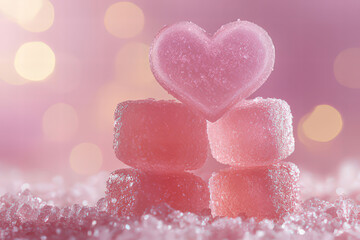 Fototapeta premium Close-up of a Pile of Pink Heart-Shaped Candies, Valentine's Day Card, Valentine's day Background