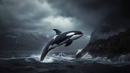 Majestic Orca Leaping in Stormy Seas