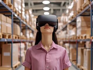 Woman Wearing Virtual Reality Headset in Warehouse with Boxes on Shelves, Exploring Future Technology Concepts