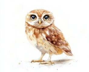 Naklejka premium Watercolor painting of a brown owl on white background