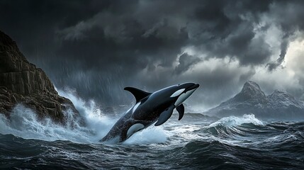 Orca Leaping Through Stormy Seas