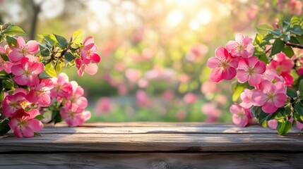 Empty Wooden Table with Blurred Garden Background – Spring Flowers in Bloom, Product Display Space, Copy Space for Promotional Content