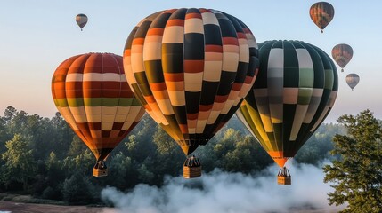 Obraz premium Hot air balloons ascending over misty forest at dawn