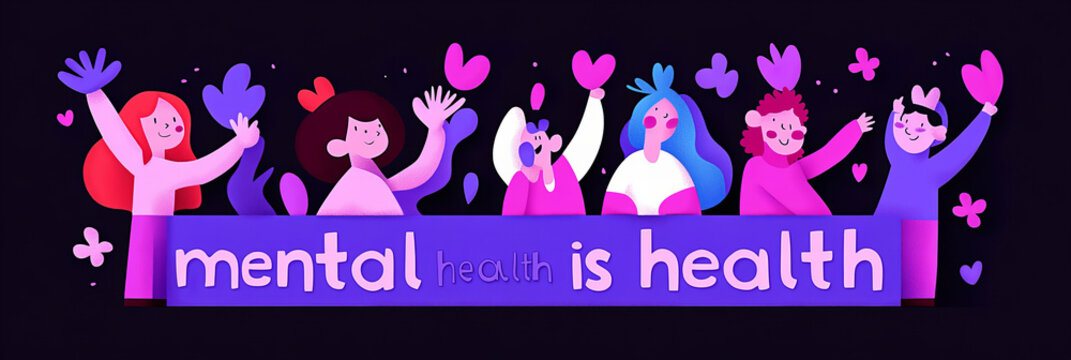Colorful illustration of diverse individuals promoting the importance of mental health in an uplifting community setting