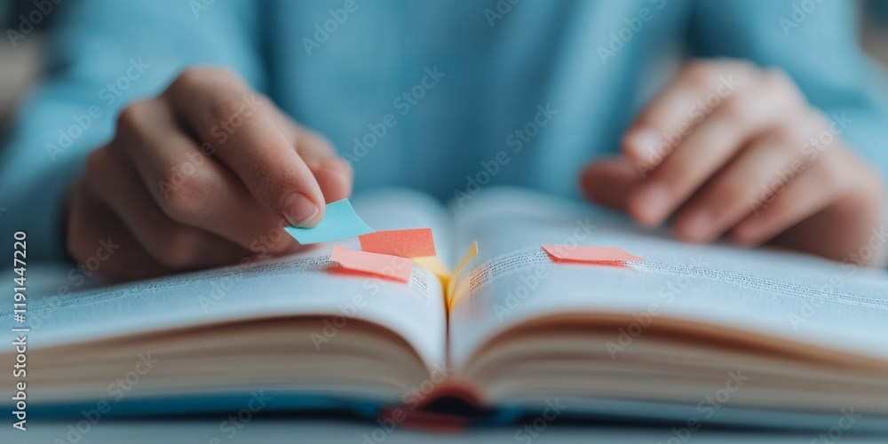 Aufkleber exploring study techniques hands with colorful sticky notes in academic textbook