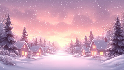 Cartoon winter scene with houses and christmas trees for text