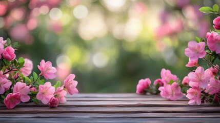 Empty Wooden Table with Blurred Garden Background – Spring Flowers in Bloom, Product Display Space, Copy Space for Promotional Content