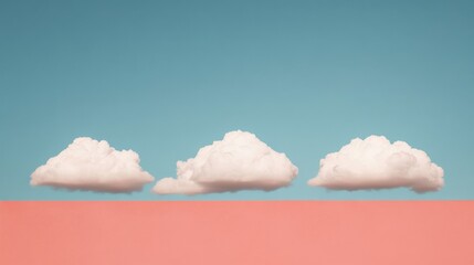 Three Fluffy Clouds Above Coral: Three fluffy white clouds float serenely against a vibrant coral and pastel blue sky, creating a minimalist and dreamy atmosphere.