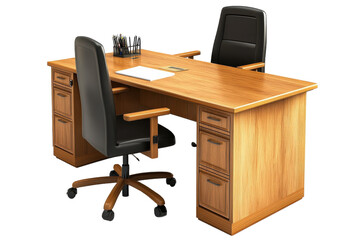 Modern wooden office desk with black ergonomic chairs in a professional workspace setup
