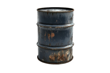 Rusty metal barrel sits in an outdoor environment, showing weathering and signs of age