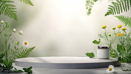 White product display on round platform, surrounded by flowers and ferns, bright background, ideal for cosmetic or skincare advertising
