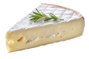 Fresh slice of creamy camembert cheese on a white background, closeup view of a delicious dairy product perfect for a snack or breakfast