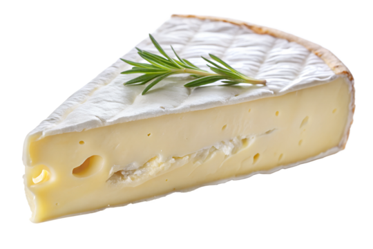 Fresh slice of creamy camembert cheese on a white background, closeup view of a delicious dairy product perfect for a snack or breakfast