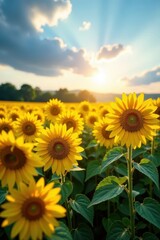 Obraz premium golden hour sunflower field with blue sky and soft focus clouds, sunset effect, golden hour lighting
