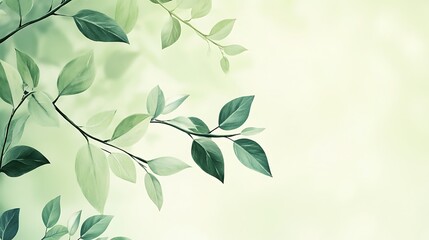 Serene Green Leaves On Branches Soft Light Background