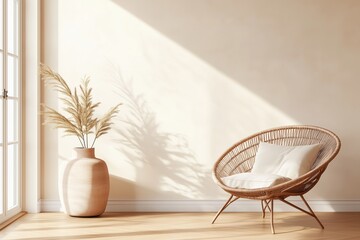 Empty Wall in Boho Room Interior - Natural Daylight, Minimalistic Decor, Cozy Space, Bohemian Style, Modern Interior, Calm Atmosphere, Stylish Room Design