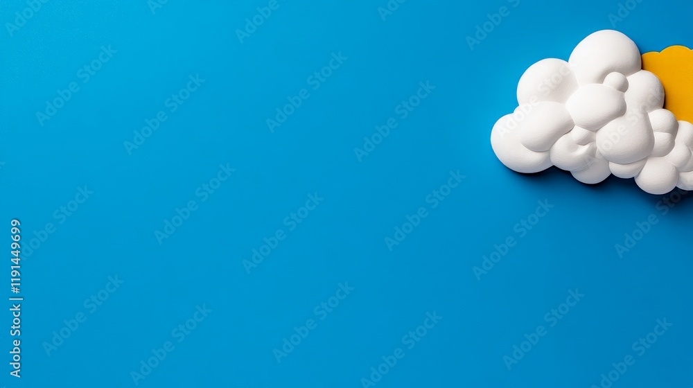 Poster cloud computing: a whimsical 3d rendering of a white cloud with a yellow outline on a vibrant blue b