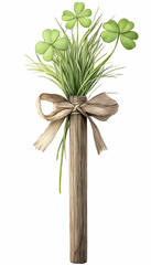 Obraz premium Wooden stick with shamrocks and bow, spring decoration, isolated, white background, for St. Patrick's Day greeting cards