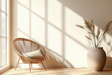 Empty Wall in Boho Room Interior - Natural Daylight, Minimalistic Decor, Cozy Space, Bohemian Style, Modern Interior, Calm Atmosphere, Stylish Room Design