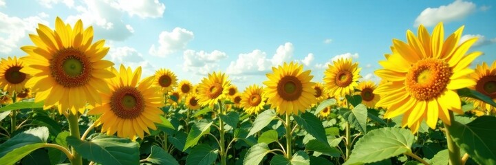 Obraz premium Massive sunflower field, towering blooms under blue sky, sun, vibrant