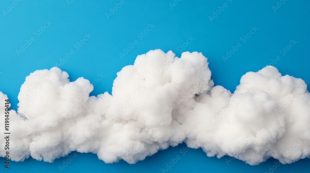 Poster cloud formations on a vibrant blue sky: an abstract and artistic photograph of a row of fluffy white