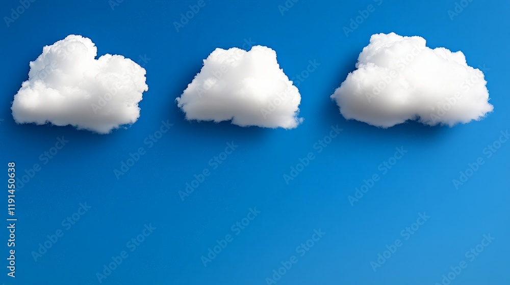 Poster three fluffy clouds: three fluffy white clouds arranged in a row against a vibrant blue sky, creatin