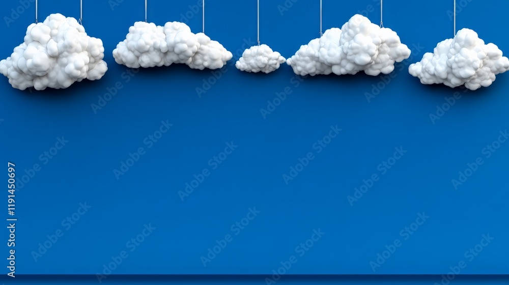 Poster clouds hanging: a whimsical and imaginative design featuring fluffy white clouds suspended from stri
